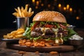 Closeup of a savory burger in cozy interior, captured during an evening food photography session