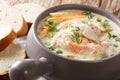 Closeup of Scandinavian cream fish soup with cod, salmon and vegetables in a bowl served with fresh bread. horizontal Royalty Free Stock Photo