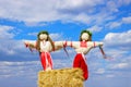 Closeup scarecrow in countryside of Ukraine. Scarecrow against the sky Royalty Free Stock Photo