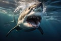 Closeup of scary big white shark swimming with other fishes in sunlight ocean waters Royalty Free Stock Photo