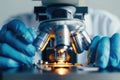 Closeup of a scientists hand adjusting the focus on a microscope