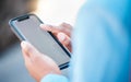 Closeup, screen and woman with a smartphone, typing and internet connection with social media, chatting or text. Female