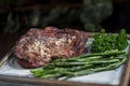 Closeup of the seasoned steak on a tray with greens on a gray fabric