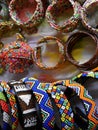 Closeup of selection of colourful beaded bangles on sale, South Africa