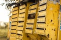 Closeup selective focus shot of old yellow mailboxes with greenery on the background Royalty Free Stock Photo