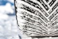 Closeup selective focus on snow packed in an all-weather tire tread. Royalty Free Stock Photo