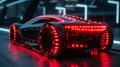 A closeup of a selfdriving car with glowing red LED lights on its front and sides highlighting its advanced technology