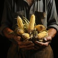 closeup of a senior caucasian farmer holding corn cobs