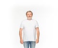 Closeup of senior man`s body in empty white t-shirt isolated on white background. Mock up for disign concept