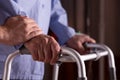 Senior man`s hands holding walker at nursing home Royalty Free Stock Photo