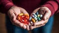 Closeup of senior woman hands holding colorful pills. Focus on foreground. Generative AI Royalty Free Stock Photo