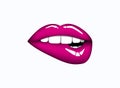 Closeup of sensuous woman biting pink lips. Open mouth with black lip biting.