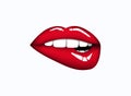 Closeup of sensuous woman biting red lips. Open mouth with black lip biting. Royalty Free Stock Photo