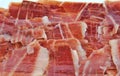 Closeup of serrano ham slices. Jabugo. Spanish Royalty Free Stock Photo