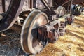 Closeup of a set of old rusty railroad train wheels on a track. Royalty Free Stock Photo