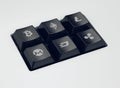 Closeup of set of six keyboard buttons with most popular cryptocurrency symbols