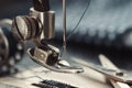 Closeup of sewing needle. Tailoring scissors on working part of antique sewing machine Royalty Free Stock Photo
