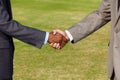 Closeup, shaking hands and business men on grass for b2b agreement, welcome and teamwork. Businessman, hand shake and Royalty Free Stock Photo