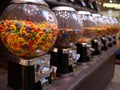 Closeup shallow focus shot of gumball candy machines in a row at Oak Park mall in Kansas City, US