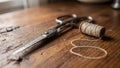 Closeup Of Shears And Woven Twine For Sewing, Detailed View Of Tailor Setting Up Tools And Thread On Worn Wooden Table Royalty Free Stock Photo