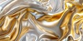 A closeup of a shiny, smooth gold and silver satin cloth with ripples and waves, creating an abstract background. The texture is Royalty Free Stock Photo