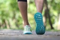 Closeup on shoe, Woman running on morning in the park, fitness and healthy lifestyle concept