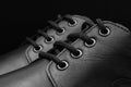 Closeup of shoelace of black leather men shoes Royalty Free Stock Photo