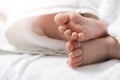 Closeup Shoot of a Four Week Old Baby Boy Feet Over Heap of White Towes