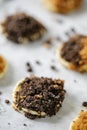 Closeup shoot of pancake with chocolate biscuits crunches topping Royalty Free Stock Photo