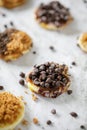 Closeup shoot of pancake with chocolate chip topping Royalty Free Stock Photo