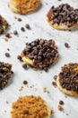 Closeup shoot of pancake with chocolate chip topping Royalty Free Stock Photo