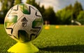 Closeup shot of an Adidas Nativo MLS soccer ball on a field at Wilson Playfields, Kent, USA