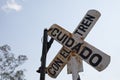 Closeup shot of aged rusty railroad crossing sign