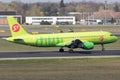 Closeup shot of Airbus A320 of Russian S7 Siberia Airlines departing Berlin Tegel Airport