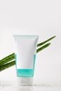 closeup shot of aloe vera leaves and cream tube on surface with salt Royalty Free Stock Photo