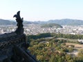 Closeup shot of the ancient carved roof of Castle and beautiful city of Himeji in Japan