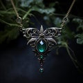 Closeup shot of an antique silver necklace with a green pendant, AI-generated.