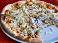 Closeup shot of an appetizing sliced pizza made of onion and meat