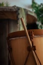 Closeup shot of an Argentine traditional wooden Bombo leguero drum of with blur background
