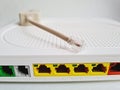 Closeup shot of a back of a modem router with colored network cable plugs