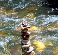 Closeup shot of the balanced stack of pebbles on the river background