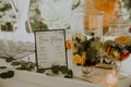 Closeup shot of a bar menu on the table with drinks on it on a wedding ceremony