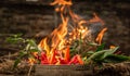 Closeup shot of a basket of chili peppers with a flaming fire in the background