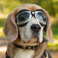 Closeup shot of a Beagle in sunglasses with a blurry background