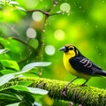 A closeup shot of a beautiful black and yellow bird in nature AI generated