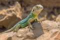 Closeup shot of beautiful ocellated lizard on rugged rock Royalty Free Stock Photo