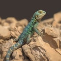 Closeup shot of beautiful ocellated lizard on rugged rock Royalty Free Stock Photo