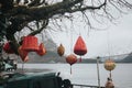 Closeup shot of beautiful several paper lanterns hanged on a tree beside a lake on a foggy day