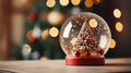 A closeup shot of a beautiful snow globe on the background of bokeh lights Royalty Free Stock Photo