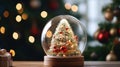 A closeup shot of a beautiful snow globe on the background of bokeh lights Royalty Free Stock Photo